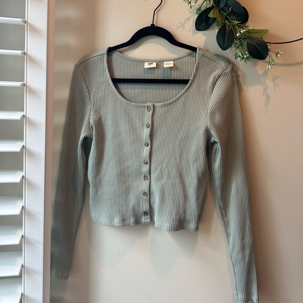 Women's Ribbed Button-Up Top - Sage Green